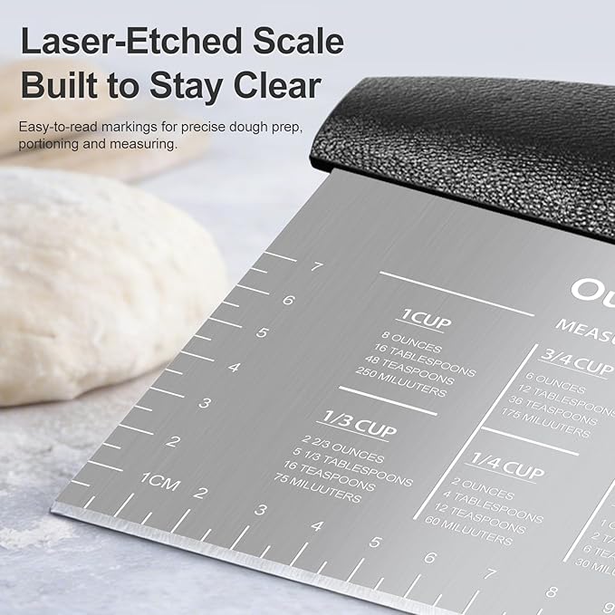Ourokhome 2 Pack Bench Scraper Dough Cutter, Stainless Steel Dough Scraper with Laser-Etched Scale, Conversion Chart, Non-Slip Handle, Dishwasher Safe for Bread & Pastry, Black