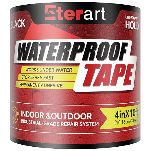 Waterproof Tape Black 4 Inch x 10 FT - Heavy Duty Rubberized Seal Repair for Active Leaks - Fix Roofs, Underwater Pool Liners & Pipes - All-Weather Emergency Patch Tool for Homeowners & Campers