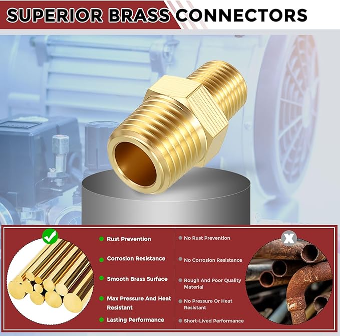 Pack of 5, 1/4" MNPT to 1/8" MNPT Solid Brass Hex Nipple Hose Connectors, Male Pipe Adapter for Pipe Leak Repair, Bathroom Remodeling, Tool Extensions, Compression