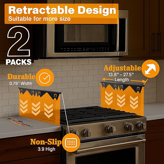 Stove Gap Covers Stainless Steel,2PC Adjustable Length 13.8"–27.5" Width 0.79" Stoves Gap Filler,Heat Resistant&Rustproof Counter Gap Protector,Easy Clean Kitchen Accessories,Bonus 3 Cleaning Brush