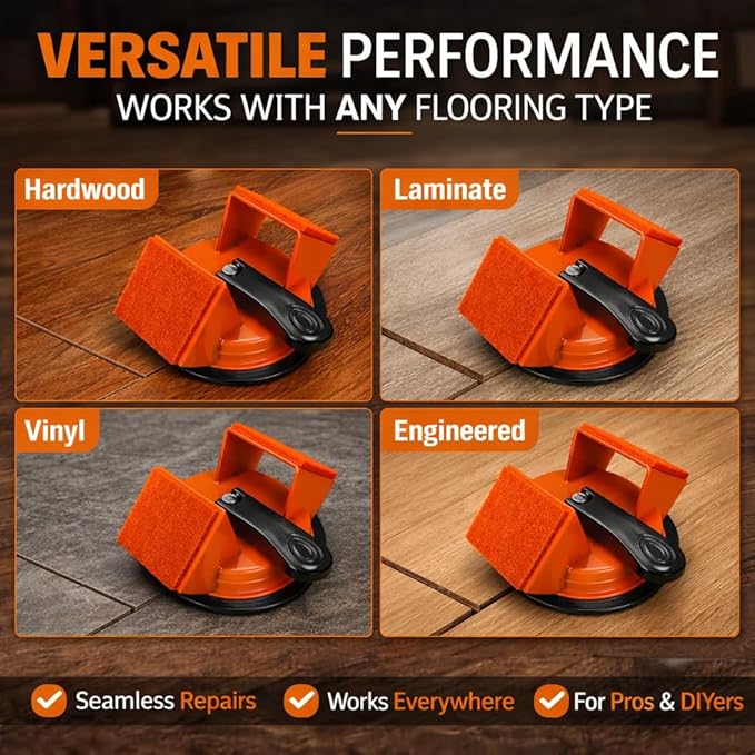 Floor Gap Fixer Tool, Heavy Duty Suction Cup Floor Gap Repair Tool for Vinyl Plank Laminate Flooring, 45° Striking Surface Plank Grabber with Gap Cutter, 5 Adhesive Pads Included, Orange