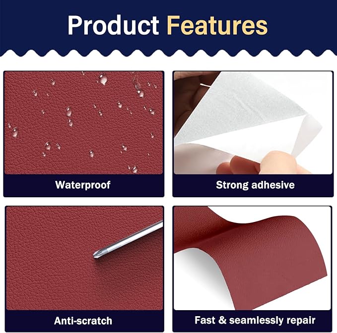 Zenyao Leather Repair Patch Tape - Self Adhesive Leather Repair Kit for Car Seat Furniture, Heavy Duty Vinyl Repair Patch for Couch Sofa, Waterproof for Rips Scratches Tears, 16x60 Inch Roll, Red