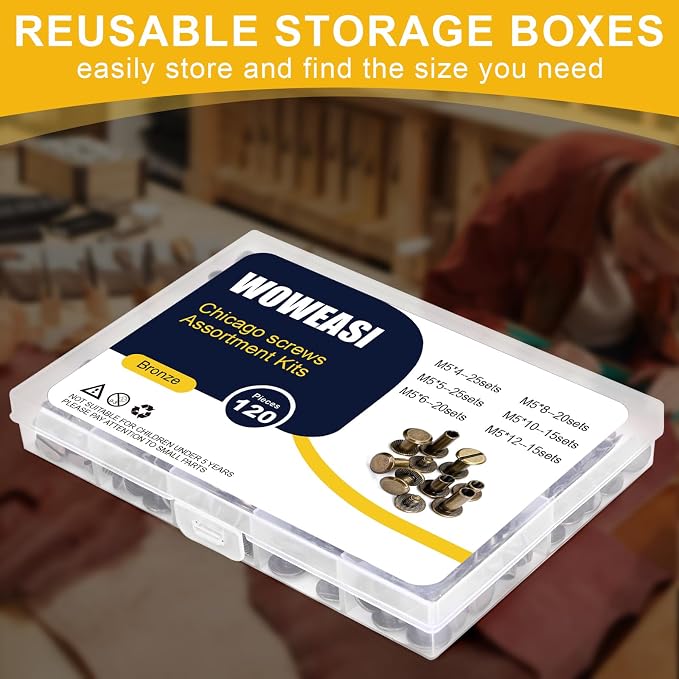 120sets Chicago Screws Kit, 6 Sizes Screw Rivets Bronze Chicago Binding Screws for DIY Repair Leather Craft Belt Bag Shoes Purse Bookbinding (M5*4,5,6,8,10,12) (Bronze)