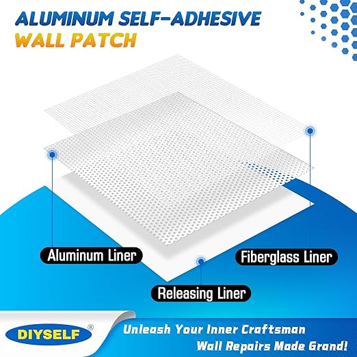 DIYSELF Drywall Patch, 21 PCS Drywall Repair Kit with 2×10", 2×8", 2×6", 8×4" Self-Adhesive Mesh Patches, Putty Scraper, Sanding Pads & Sponge, Dry Wall Patch Kit for Bathroom, Nail Holes, Outlets