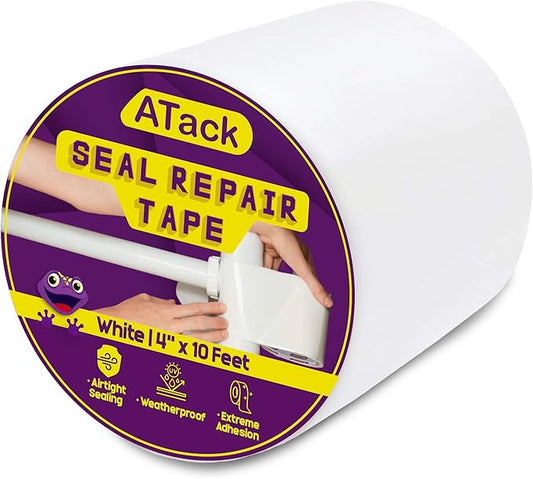 ATack Waterproof Patch and Seal Tape, White, 4 Inches x 10 Feet, Water Barrier Tape for Stop Leak Repair on Pipes, Chimney, Roof, Boat, and HVAC