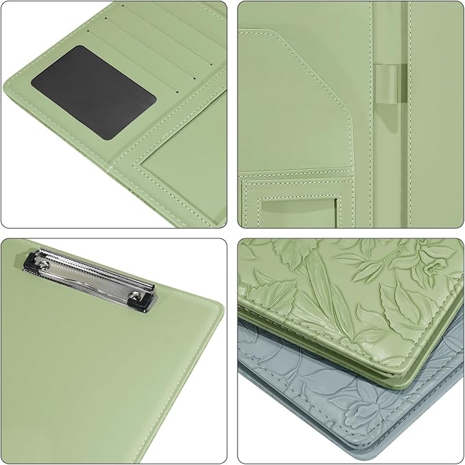 Professional Padfolio with Clipboard, Embossed Faux Leather Portfolio Folder Binder, Legal Pad Holder for A4 Letter Size Notepad, Resume, Organizer for Business Conference for Women Men, Green