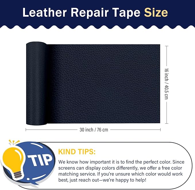 Zenyao Leather Repair Patch Tape - Self Adhesive Leather Repair Kit for Car Seat Furniture, Heavy Duty Vinyl Repair Patch for Couch Sofa, Waterproof Fix for Tears, 12x30 Inch Roll, Navy Blue