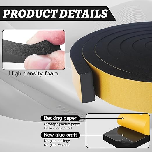 High Density Foam Tape - 1'' x 3/8'' x 13Ft Weatherproof Adhesive Prevent Condensation Heat Resistant Flame Retardant Weather Stripping Easy to Cut & Install & Remove for Car Doors Pipes Windows