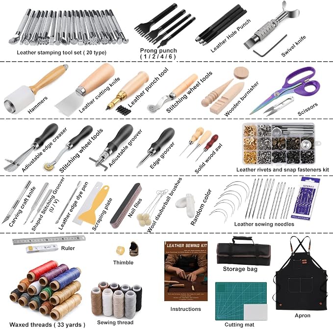Tikjiua 456Pcs Leather Working Tools with Apron and Tooling Bag, Leather Craft Kit with Tools for Stamping, Carving, Sewing, Beveling, Cutting, Crafting
