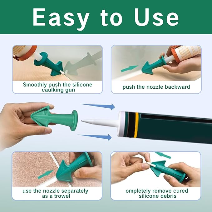 Caulking Tips with Nozzle Adapter Reusable Silicone Caulk Applicator Tools for Easy Application Finishing Grout and Sealant Includes 6.5R 10R 13R Nozzles Easy Caulking Finger Tool(Green)
