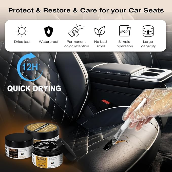 12H Quick-Dry Leather Repair Kit with 3.53Oz Dark Brown Leather Recoloring Balm, Filler & 4.23Oz Care Cream, 3-in-1 Vinyl Repair Set for Sofa, Car Seats, Jackets, Purses, Shoes, Faux Leather and More