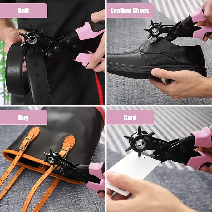 Leather Hole Punch Set, Diyife Revolving Punch Plier Kit, Multi Sized for Belt, Watch Band, Shoes, Crafting, Saddles, Handbag Straps, Fabric or DIY, Pink