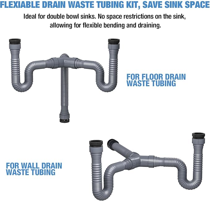 NiHome Flexible P-Trap Drain Kit for Double Kitchen Sink, Universal 1-1/2" or 1-1/4" Wastewater Drainage Pipe with Sealing Tape, Expandable Sink Waste Discharge Tubing for Garbage Disposal (Grey)