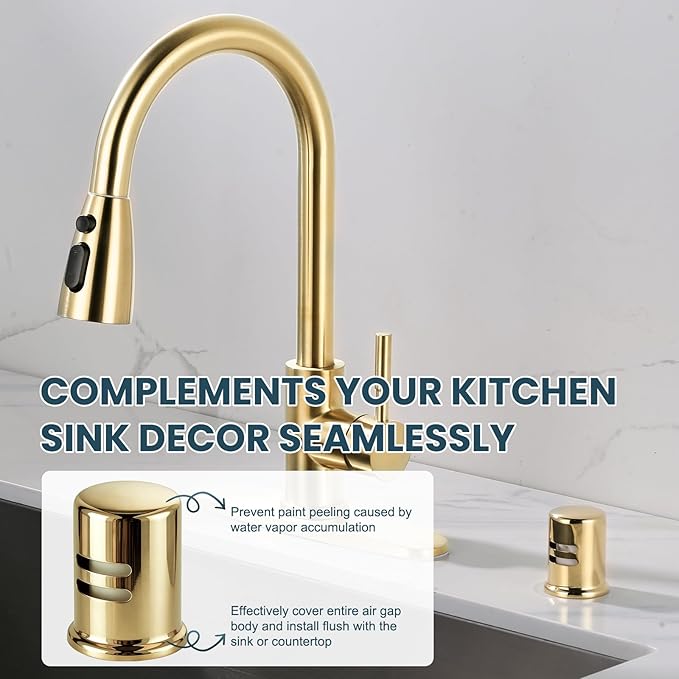 Dishwasher Air Gap Cover, Dishwasher Air Gap Cap for Kitchen Sink, Solid Brass Dishwasher Overflow Vent Cap Replacement Kit, Polished Brass