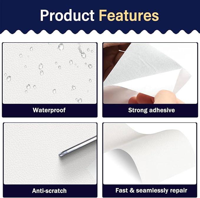 Zenyao Leather Repair Patch Tape - Self Adhesive Leather Repair Kit for Car Seat Furniture, Heavy Duty Vinyl Repair Patch for Couch Sofa, Waterproof for Rips Scratches Tears, 16x30 Inch Roll, White
