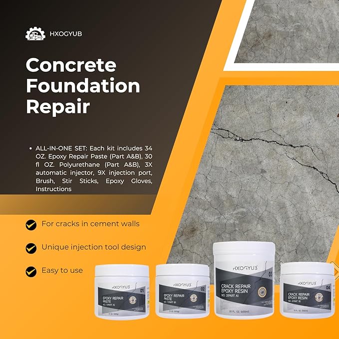 Concrete Foundation Crack Repair Kit, with Automatic Injector, High Performance, Filler for Wall Cracks, Stops Water Leaks & Radon Gas, Drill-Free, Quick-Setting Waterproof Sealing Solution