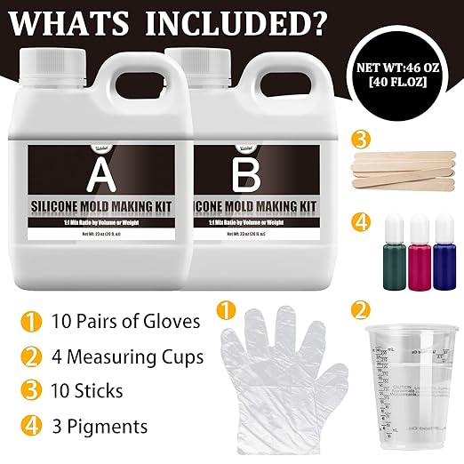 ﻿Silicone Mold Making Kit - 46oz Translucent Liquid Silicone Rubber 1:1 Mixing for Mold Making, Fast Curing Molding Casting Kit for Resin, Candle Molds, Soap Molds, DIY, Includes 3 Color Pigments