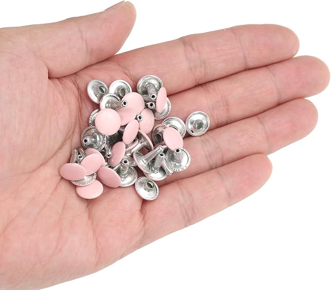 HARFINGTON 100 Sets Double Cap Leather Rivets, 10x10mm Round Cap Tubular Metal Studs Leather Crafting Rivets for Fabric Belt Pet Collar Boot Bag Repair and Decoration, Pink
