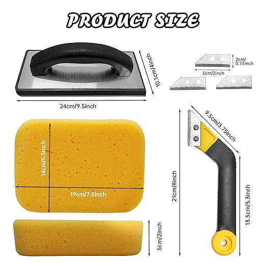 8 Pcs Grout Float Sets Include 9.5 x 4 Inch Molded Rubber Grout Float, 6 Sponge, Angled Tile Saw with 3 Blades Replacement, Removal Tool for Masonry Stucco Drywall Concrete(Yellow)