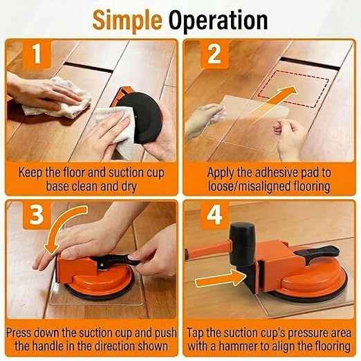 Floor Gap Fixer Tool with Rubber Hammer & 6 Reusable Adhesive Pads, Enhanced Suction Cup Floor Suction Cup Tool, Laminate FloorGap RepairTool for Laminate, Wood, Tile & Vinyl Flooring