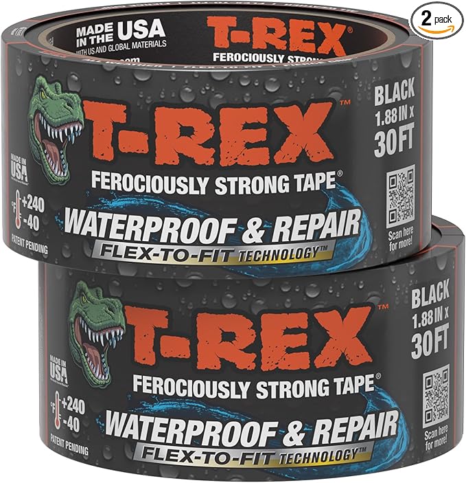 T-REX Flexible Waterproof Tape - Heavy Duty Adhesive Waterproofing Tape for Repair, Leaks, Roof Patches - Extreme Weather & UV Resistance - Black, 1.88" x 30 ft. (Pack of 2)