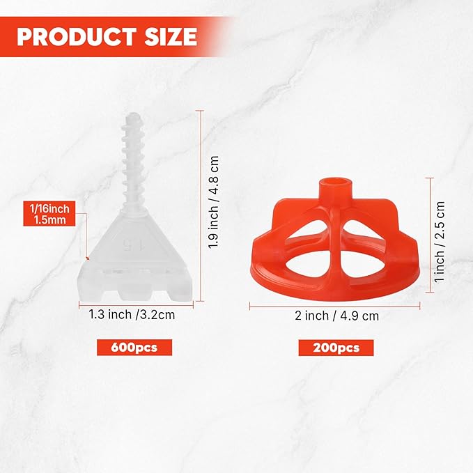 DGSL Tile Leveling System 1/16", 600 Pcs Tile Spacers and 200 Pcs Red Cap, Tile Spacers Leveling System for Professional Ceramic Tile and Stone Installation, Precision Gap Control