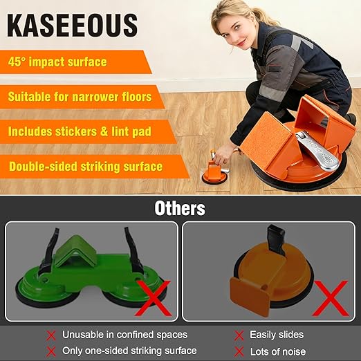 Floor Gap Fixer Tool, Heavy Duty Suction Cup Tool with Double 45°Striking Surface, Silent Felt Pads & Aluminum Handle, Includes 5pcs Sticky Pads Sheets for Uneven Laminate & Hardwood Flooring Tools