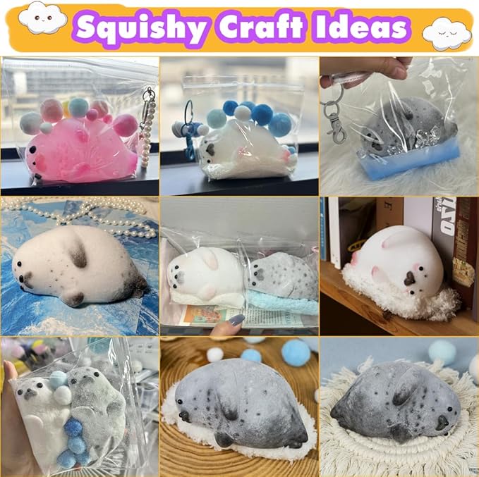 Taba Squishy Kit Seal Silicone Mold 4''+Liquid Gel+Flocking Cute Animal Maker Set