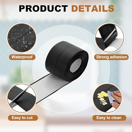 uxcell Caulk Tape Waterproof, 1.5 Inch x 10.5 ft Self-Adhesive Sealant Sealing Strip Caulking Sealant Tape PVC with Tool for Kitchen Sink Toilet Bathroom Bathtub Floor, Black