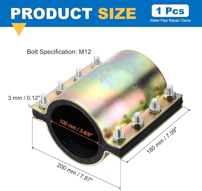 Water Pipe Repair Clamp, 7.09 Inch Length, 3-8/9 Inch ID Carbon Steel Leak Sealer Clamp, Leak Stoppers Pipe Repair Kit for 100mm OD PE PVC PPR Steel Iron Pipes