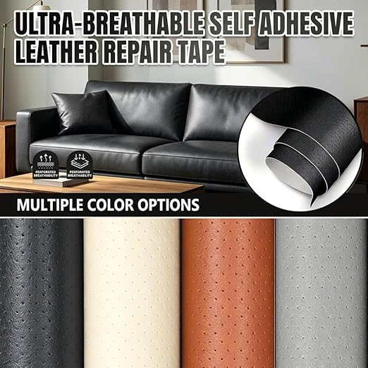 Qextce Perforated Leather Repair Patch Tape, Beige, 17x100 Inch | Breathable, Self-Adhesive, For Furniture, Couches, Car Seats, Office Chairs, Faux Leather & Vinyl Repair Kit