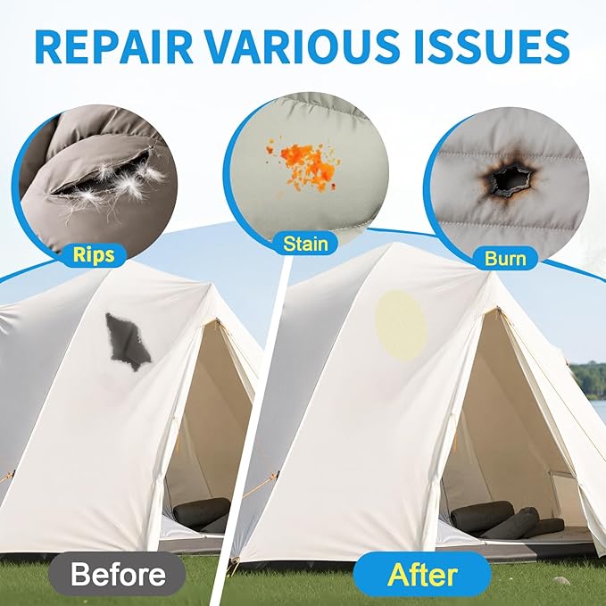 Waterproof Self-Adhesive Nylon Patches for Tent Repair Kit, 24pcs Outdoor Gear Tenacious Repair Tape, Fabric Patches for Clothes, Down Puffer Jacket, Tent, Sleeping Bag, Backpack, White