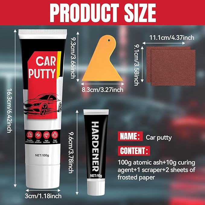 Auto Body Filler, Car Scratch Repair Kit, 100g Car Filler & 10g Hardener, Sandpaper, Scraper, Harden without Cracking, Quick-Drying Suit for Car, Boat, Metal, Fibreglass Paint Scratch Removal Repairs