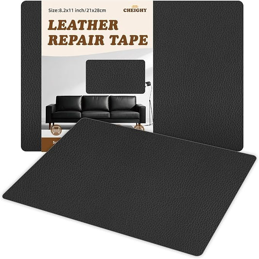 CHEIGHY 2pcs Self-Adhesive Leather Repair Kit for Furniture, Couches, Car Seats 8.2X11 Inch Black PU Vinyl Leather Patch Tape for Sofa, Office Chairs, Jackets
