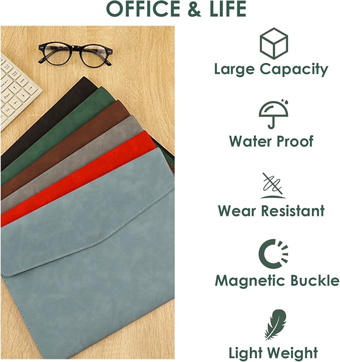 PU Leather Document File Folder,Thin A4 Folder Envelope File Organizer Storage Bag, Receipt Contract Case with Magnetic Closure (Green)