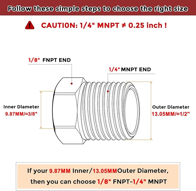 Pack of 10, 1/4" Male NPT NPT1/8" FeMale NPT Solid 304 Stainless Steel Hex Bushing with Sealing Tape, Hose Fittings Adapter Reducer for Bathroom Remodel, Tool Extensions