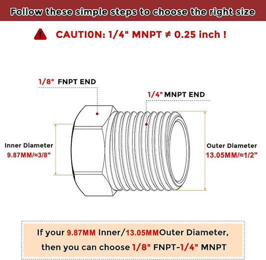 Pack of 10, 1/4" Male NPT NPT1/8" FeMale NPT Solid 304 Stainless Steel Hex Bushing with Sealing Tape, Hose Fittings Adapter Reducer for Bathroom Remodel, Tool Extensions
