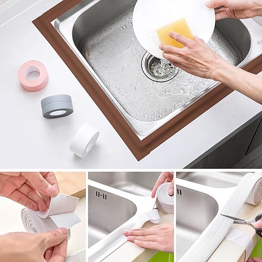 3 Rolls Caulk Tape Self Adhesive Caulk Strip Waterproof,Brown Caulking Sealant Trim for Bathroom, Caulk Sealing Strip for Toilet Sink Edge Protector with Sealing Tool (10.5Ft x 1.5In)