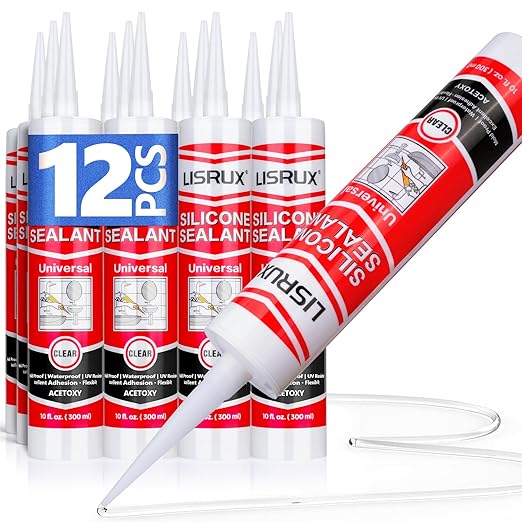 LISRUX Advanced Clear Silicone Caulk for Kitchen & Bathroom,10 fl oz Cartridge,12 Pack,100% Waterproof RTV Silicone Sealant,Stronger Adhesion,Shrink & Crack Proof