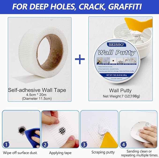 SEISSO Drywall Repair Kit, White- Wall Mending Agent 250 g* 2, Wall Repair Paste Plaster, 1 Pack Wall Putty, Repair Tape and Wall Repair Patch with 2inch 4inch, Quick Fill Crack and Nail Hole
