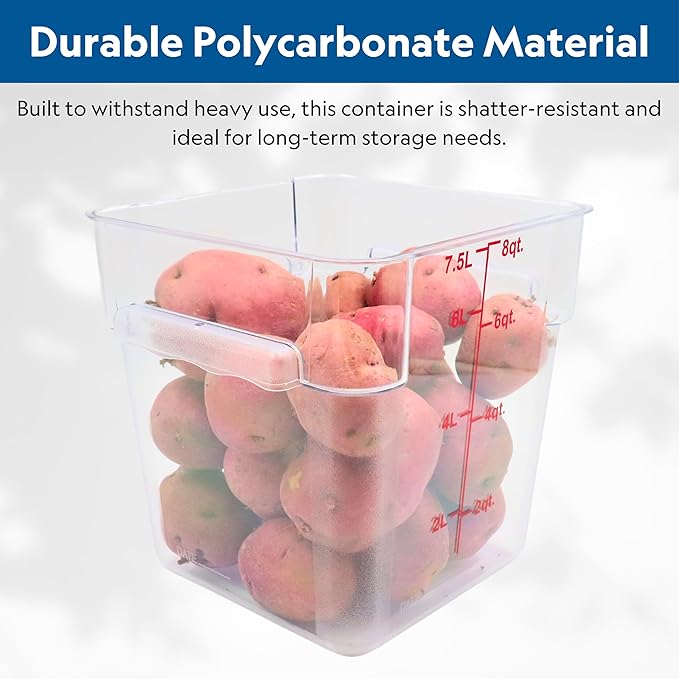 FSE Square Food Storage Container with Red Lid, 8 Quart, Polycarbonate, Reusable, Clear, NSF