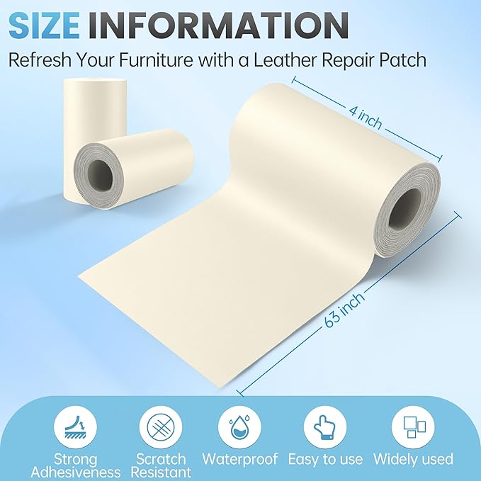 Leather Repair Patch Tape Kit, 4" x 63" Self Adhesive Leather Repair Patch for Furniture, Vinyl Leather Repair Kit for Car Seat, Chairs, Couch, Sofa, Boat Creamy White