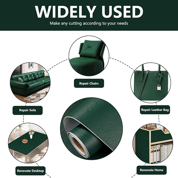 Leather Repair Patch 15.7x240 inch Large Self-Adhesive Leather Repair Tape Vinyl Leather Repair Kit for Sofa Car Seats Chairs Shoes Bags Damaged Leather Furniture (Green)