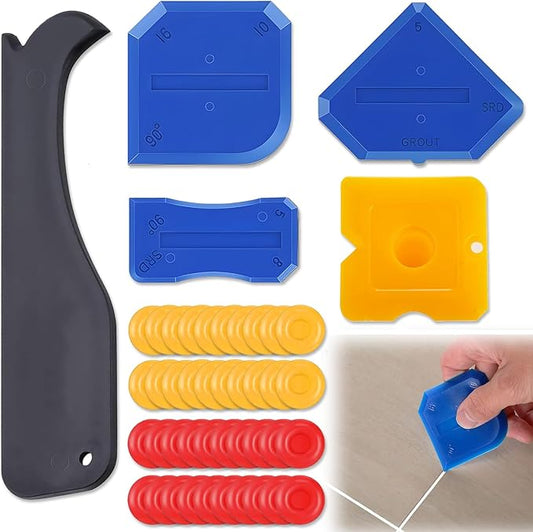 5 pcs Caulk Tool Kit and 40 pcs Caulk Cap, VEINARDYL Silicone Sealant Finishing Tool Grout Scraper Caulk Removal Tool for Floor Sink Joint, Caulk Saver Cap Caulk Tube Sealer Caps for Sealing