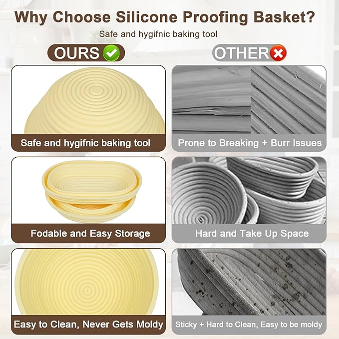 JOCXSPI Silicone Sourdough Starter Kit, Upgraded & Thickened 9" Round & 10" Oval Banneton Bread Proofing Basket, Foldable, Non-Stick Sourdough Basket with Bread Sling & Baking Supplies Tools