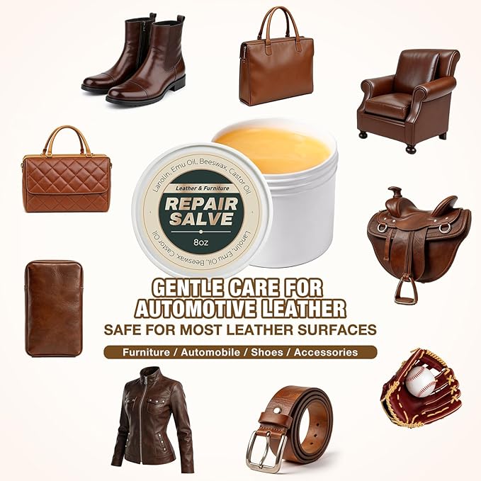 Leather Conditioner & Repair Cream: Leather Cleaner and Conditioner for Car Seats and Interiors - Repair Conditioning Salve for Furniture Couches Shoes Purse Bags(8 Oz)