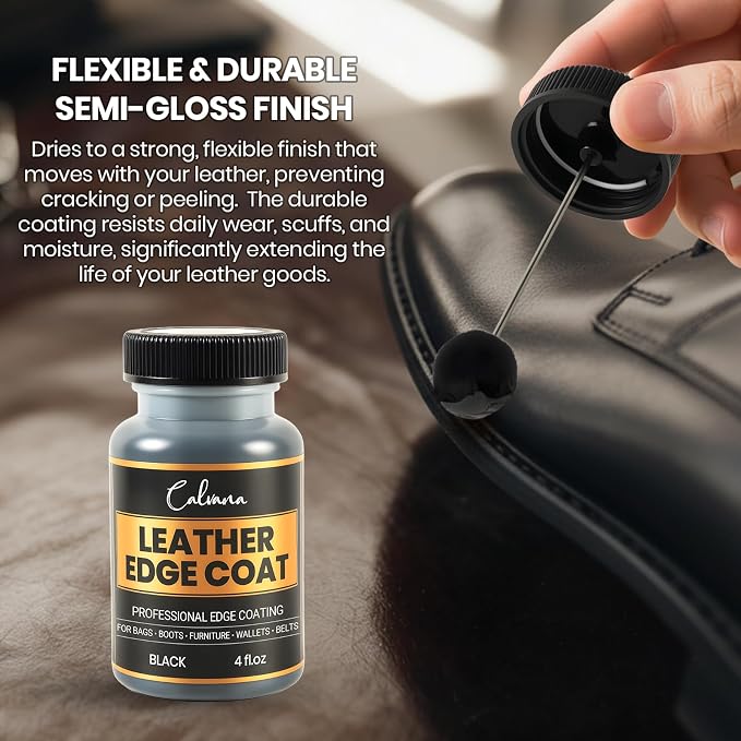 Black Leather Edge Coat with Built-in Applicator - Flexible, Water-Resistant Edge Sealer & Finish for Purses, Belts, Shoes, Bags, Furniture & More (4oz)