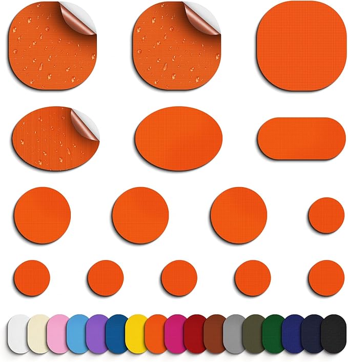 Self-Adhesive Nylon Patches Tent Repair Kit – Outdoor Gear Tenacious Repair Tape, Waterproof Fabric Patches for Clothes, Tent, Down Jacket, Backpack (45pcs, Orange