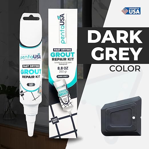 PentaUSA Tile Grout Repair Kit - Premixed Acrylic Sanded Grout for Bathroom, Shower & Kitchen, Water-Resistant Tube with Applicator, Fills Cracks and Gaps in Lines, Dark Gray (8.8oz/250gr)
