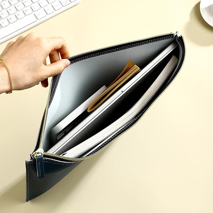 PU Leather A4 File Folder Zipper Document Holder Envelope Folder Case for Receipt Contract (Brown)